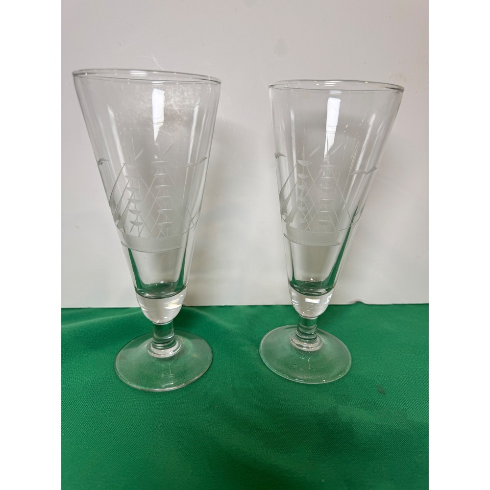 Vintage Etched Glassware Set of 2 Tall Champagne Flutes Sailboat Design